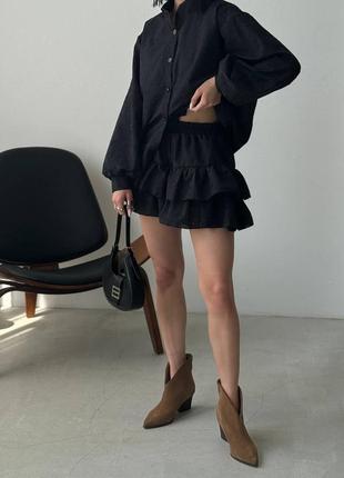 Черный женский трендовый костюм шорты-юбка с рюшами рубашка из прогулочного повседневного костюма с юбкой шортами5 фото