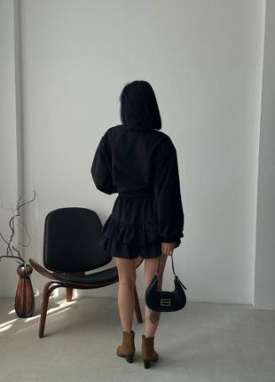 Черный женский трендовый костюм шорты-юбка с рюшами рубашка из прогулочного повседневного костюма с юбкой шортами3 фото