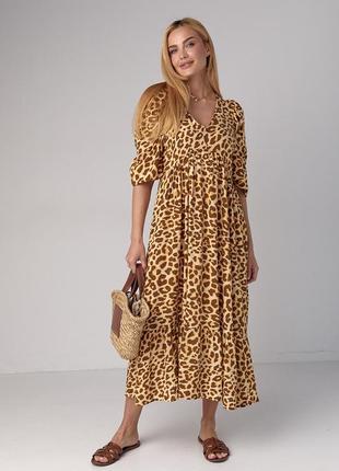Летнее платье миди с леопардовым принтом - светло-коричневый цвет, s (есть размеры)