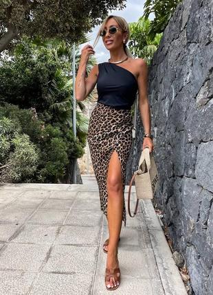 Модная леопардовая юбка с разрезом штапель турецький5 фото