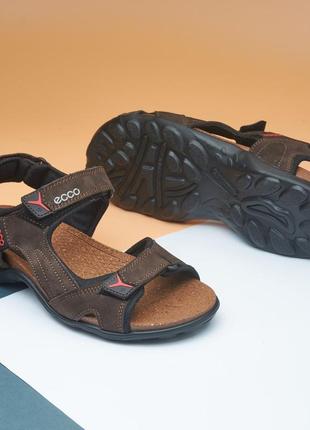 Чоловічі сандалії на липучках з натуральної шкіри нубук, качественные сандалии в стиле ecco (экко) коричневые6 фото