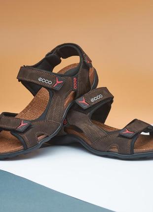 Чоловічі сандалії на липучках з натуральної шкіри нубук, качественные сандалии в стиле ecco (экко) коричневые3 фото