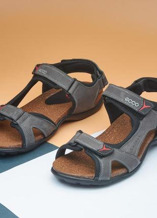 Мужские сандалии на липучках из натуральной кожи нубук серого цвета, скалственневое сандалии в стилеecco (эккко)