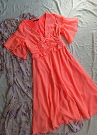 Платье яркое неоновые на пуговицах миди с драпировкой и воланами рюшами шифоновое2 фото
