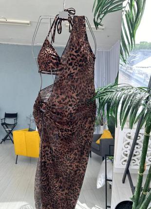 Невероятный пляжный комплект тройка купальник раздельный в леопардовый принт платье на одно плечо парео бюст трусики защипная посадка лео7 фото