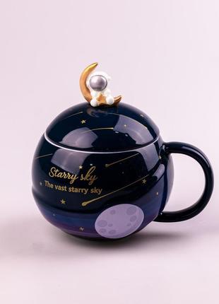 Чашка керамічна starry sky 400мл із кришкою та ложкою чашка з кришкою синий `gr`