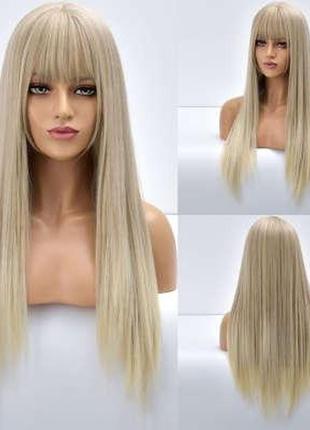 Красивый парик c чёлкой длинные прямые волосы пробор, блонд c осветленными кончиками5 фото