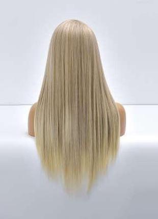 Красивый парик c чёлкой длинные прямые волосы пробор, блонд c осветленными кончиками4 фото