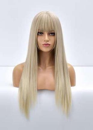 Красивый парик c чёлкой длинные прямые волосы пробор, блонд c осветленными кончиками