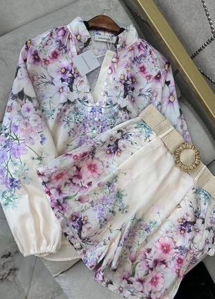 Женский летний легкий костюм zimmerman шорты и блуза в цветочной отделке ⚜️