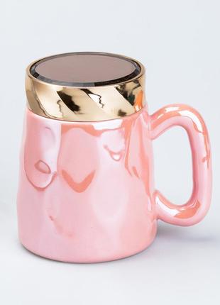 Чашка з кришкою 450 мл керамічна в дзеркальній глазурі рожева `gr`