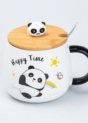 Чашка 450 мл з бамбуковою кришкою та ложкою керамічна панда "happy time" `gr`