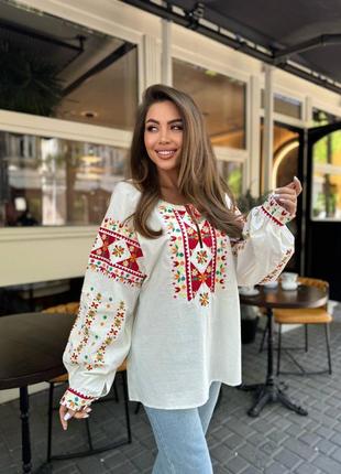 Колоритна блуза вишиванка, українська вишиванка, етно сорочка з вишивкою2 фото