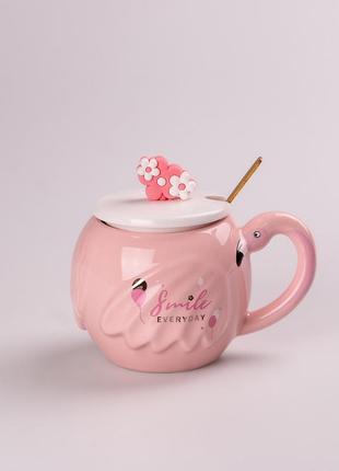 Чашка керамічна flamingo 500мл з кришкою і ложкою чашки для кави smile `gr`