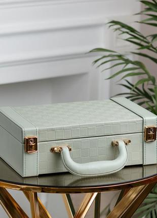 Шкатулка органайзер для украшений бижутерии прямоугольная 27 х 18.5 х 9 с зеркальцем чемодан экокожа оливковая3 фото