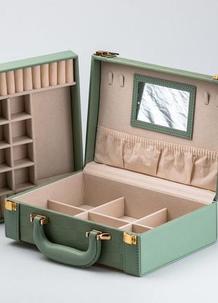 Шкатулка органайзер для украшений бижутерии прямоугольная 27 х 18.5 х 9 с зеркальцем чемодан экокожа оливковая5 фото