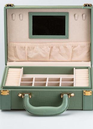 Шкатулка органайзер для украшений бижутерии прямоугольная 27 х 18.5 х 9 с зеркальцем чемодан экокожа оливковая4 фото