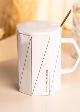 Чашка з кришкою та ложкою керамічна 400 мл біла `gr`