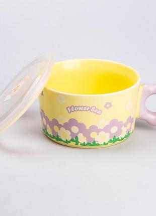 Чашка бульйонниця керамічна 750 мл з пластиковою кришкою "квітка" жовта супниця миска для локшини `gr`3 фото