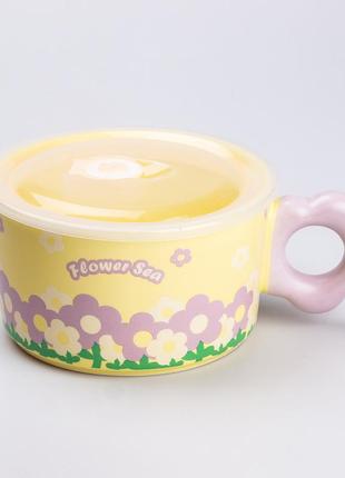 Чашка бульйонниця керамічна 750 мл з пластиковою кришкою "квітка" жовта супниця миска для локшини `gr`
