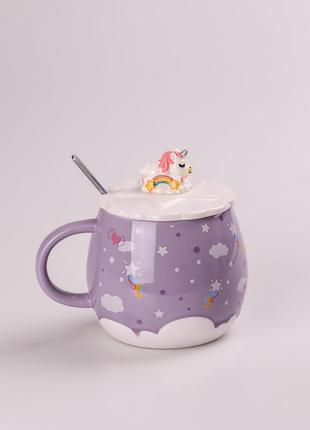 Чашка керамічна rainbow ceramic mug 400ml pink з кришкою і ложкою кухоль для чаю з кришкою бузковий `gr`
