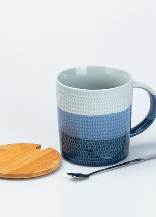 Чашка с бамбуковой крышкой и ложкой керамическая 350 мл синий `gr`2 фото