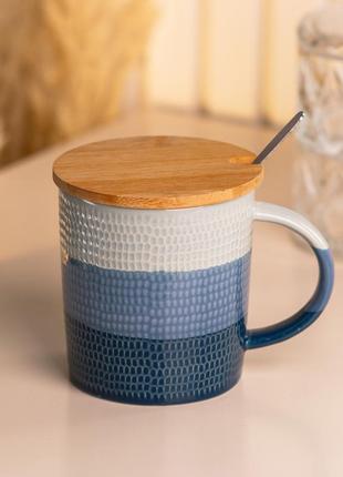 Чашка з бамбуковою кришкою та ложкою керамічна 350 мл синій `gr`