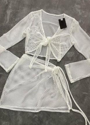Костюм из сетки : топ с узлом + юбочка мягкая на завязке из качественной ткани летний легкий прозрачный костюм черный белый стильный
