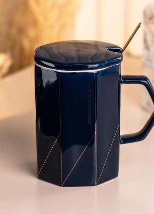 Чашка с крышкой и ложкой керамическая 400 мл черная `gr`