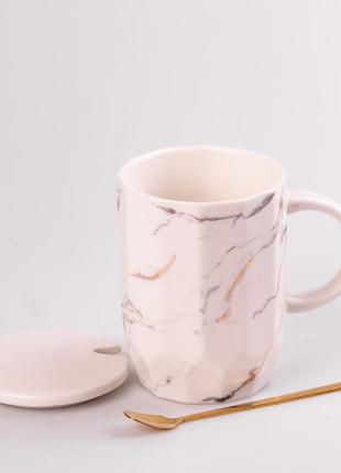 Чашка керамічна мармур 420мл з кришкою та ложкою чашка з кришкою чашки для кави білий `gr`