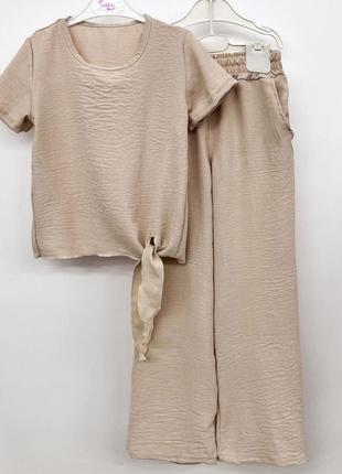 Костюм двійка дитячий літній брючний оверсайз, футболка, штани палацо, для дівчинки, світло кавовий