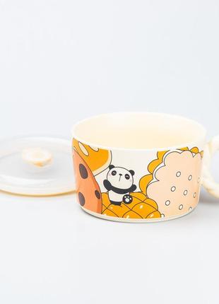 Керамічна бульйонниця 800 мл з пластиковою кришкою панда супниця миска для локшини `gr`2 фото