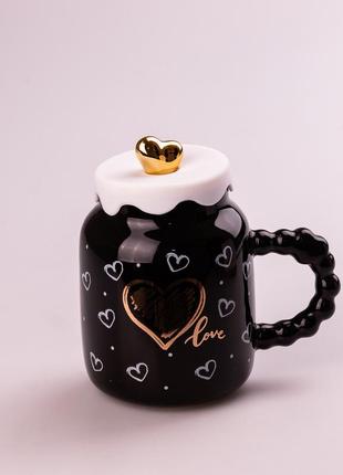 Кухоль керамічний creative show ceramic cup 400мл з кришкою чашка з кришкою чорна з білими сердечками `gr`