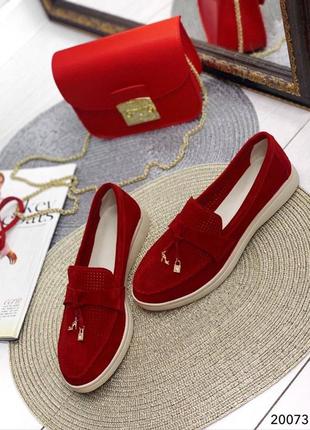 Замшеві червоні туфлі лофери з натуральної замші