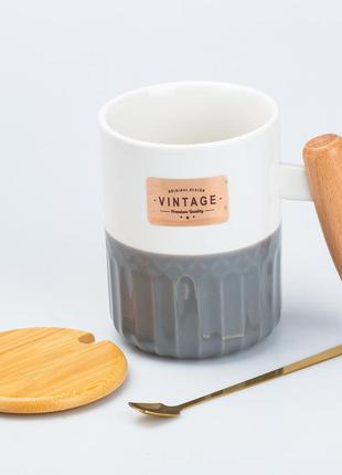 Чашка керамическая с бамбуковой крышкой и ручкой 400 мл серая `gr`2 фото