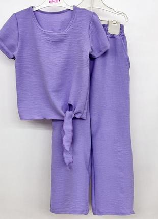 Костюм — двійка дитячий літній брючний оверсайз, футболка, штани палацо, для дівчинки бузковий