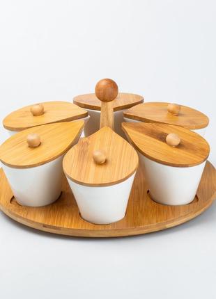 Набор керамических баночек для приправ с ложкой и бамбуковой крышкой 6 шт `gr`