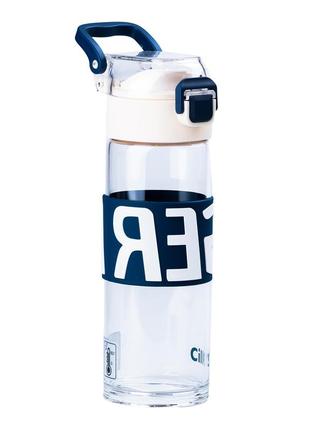 Бутылка для воды 460 (мл) стеклянная прозрачная с пластиковой крышкой  22 (см) спортивная белый `gr`