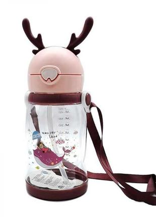 Бутылка для воды с трубочкой 550 мл фляга прозрачная для напитков с дозатором и ремешком розовый `gr`