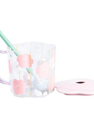 Чашка стеклянная 500 (мл) с ложкой и стеклянной крышкой принт розовый `gr`3 фото