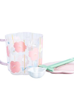 Чашка стеклянная 500 (мл) с ложкой и стеклянной крышкой принт розовый `gr`4 фото