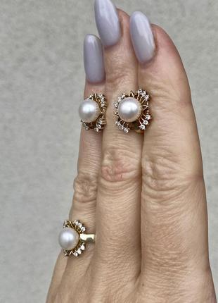 Новый красивый набор серьги и кольцо серебро, золото, натуральный белый жемчуг2 фото