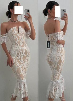 Розпродаж сукня prettylittlething міді мереживна asos ажурна з відкритими плечима8 фото