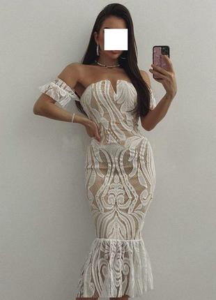 Розпродаж сукня prettylittlething міді мереживна asos ажурна з відкритими плечима5 фото