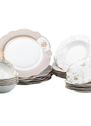 Столовый сервиз тарелок 24 штуки керамических на 6 персон белый с цветами `gr`