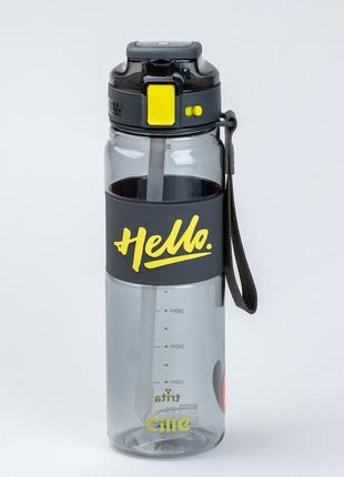 Пляшка для води спортивна 860 мл тритан з ремінцем та ручкою hello чорна `gr`