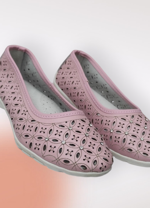 Кожаные туфли балетки розовые для девочки весна, лето стразы, супинатор