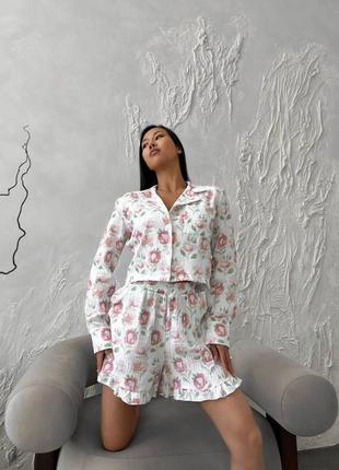 Легкая летняя пижама из муслина принт фламинго принт цветы1 фото