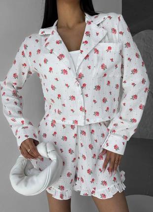 Легкая летняя пижама из муслина принт фламинго принт цветы6 фото