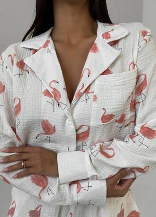 Легкая летняя пижама из муслина принт фламинго принт цветы2 фото